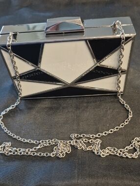 Kate Laundry Geometric Black & White Metallic Box Clutch Evening Bag